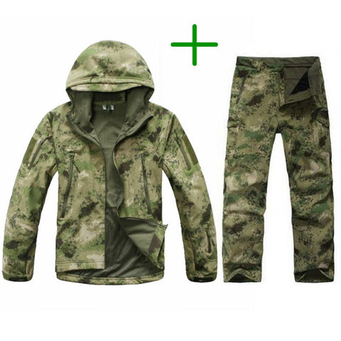 TAD Tactical Men Army Hunting Hiking Fishing Explore Clothes Suit Camouflage Shark Skin Military Waterproof Hooded Jacket+Pants