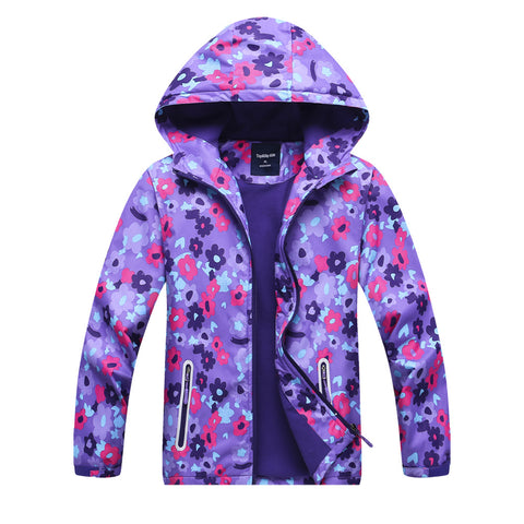 Girls candy color breathes ware with chorionic outdoor children hiking clothes prints flowers chest hat assault jacket