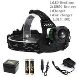 Waterproof 5000 Lumens T6 Zoom LED headlamp rechargeable led headlight +2pc charger + Car charger